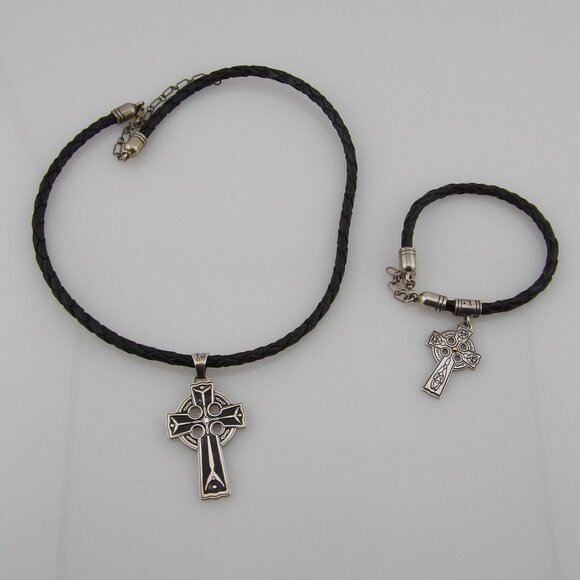 Lavaggi Sterling and 14K Celtic Cross Braided Leather Necklace and Bracelet - Picture 1 of 9